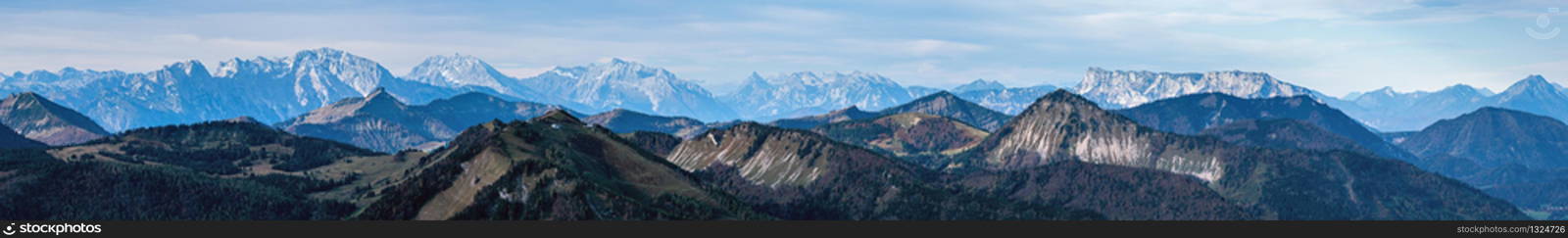 Picturesque autumn Alps mountain view from Schafberg viewpoint, Salzkammergut, Upper Austria.