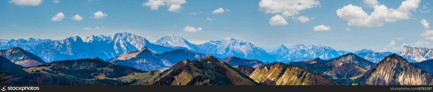 Picturesque autumn Alps mountain view from Schafberg viewpoint, Salzkammergut, Upper Austria.