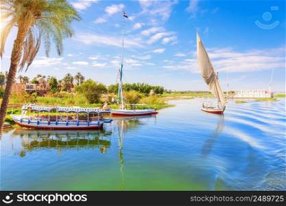 Picturesque banks of the Nile near Luxor city, Egypt.. Picturesque banks of the Nile near Luxor city, Egypt