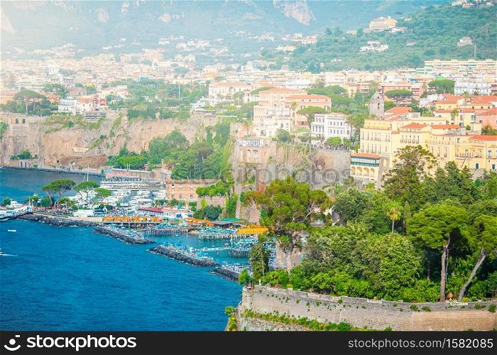 Picturesque beautiful aerial view of Sorrento, the Amalfi Coast in Italy in a beautiful summer day. Aerial view of Sorrento city, Amalfi coast, Italy