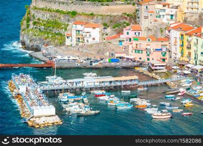 Picturesque beautiful aerial view of Sorrento, the Amalfi Coast in Italy in a beautiful summer day. Aerial view of Sorrento city, Amalfi coast, Italy