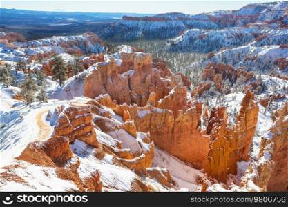 Picturesque colorful pink rocks of the Bryce Canyon National park in the winter season, Utah, USA