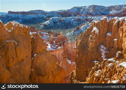 Picturesque colorful pink rocks of the Bryce Canyon National park in the winter season, Utah, USA