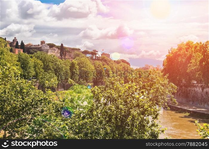 Picturesque embankment of the Tiber River in Rome, Italy