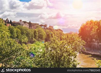Picturesque embankment of the Tiber River in Rome, Italy