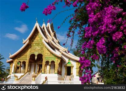 Picturesque exterior of the Royal Palace Museum of Luang Prabang, blooming Bougainvillea flowers in the foreground. Tourist attractions in Laos.