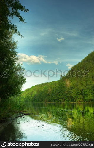 Picturesque forest and the river. Small river at bottom of mountain with mixed by a wood in the East Europe. Ukraine.