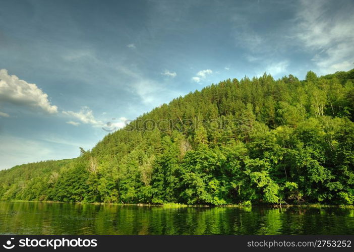 Picturesque forest and the river. Small river at bottom of mountain with mixed by a wood in the East Europe. Ukraine.