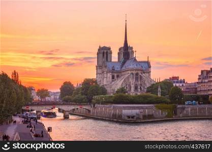 Picturesque grandiose sunset over Cathedral of Notre Dame de Paris, France. Cathedral of Notre Dame de Paris at sunset, France