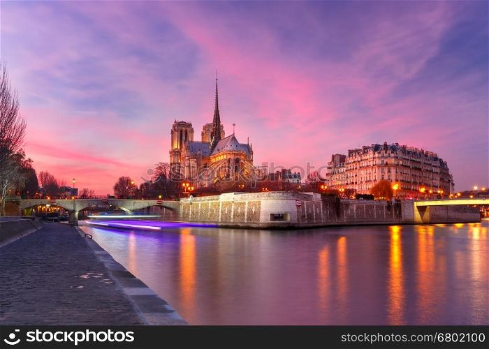 Picturesque grandiose sunset over Cathedral of Notre Dame de Paris, France