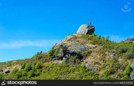 Picturesque landscape. Natural landscape of New Zealand alps and hikers