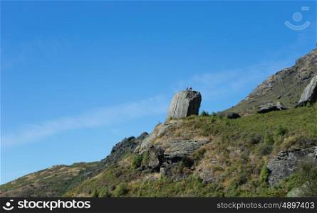 Picturesque landscape. Natural landscape of New Zealand alps and hikers