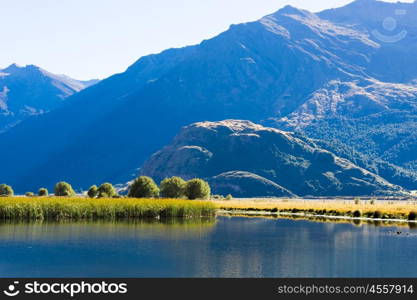 Picturesque landscape. Natural landscape of New Zealand alps and lake