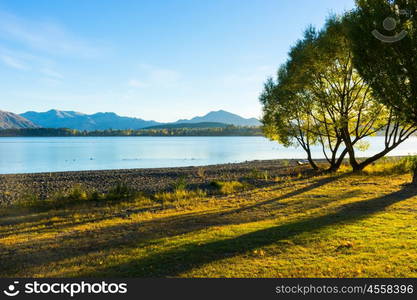 Picturesque landscape. Natural landscape of New Zealand alps and lake