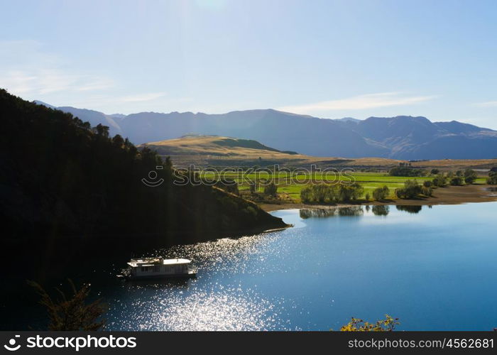 Picturesque landscape. Natural landscape of New Zealand alps and lake