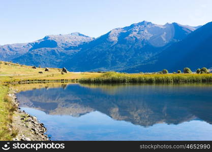 Picturesque landscape. Natural landscape of New Zealand alps and lake