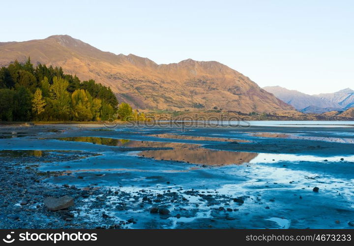 Picturesque landscape. Natural landscape of New Zealand alps and lake