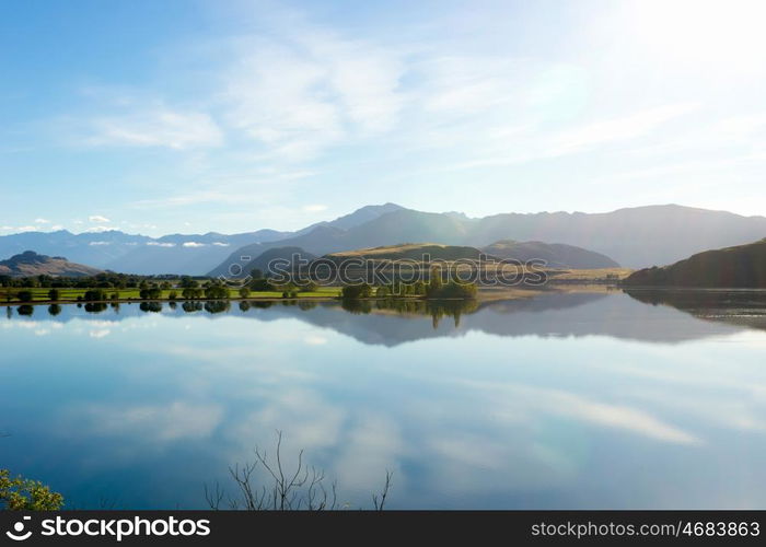 Picturesque landscape. Natural landscape of New Zealand alps and lake