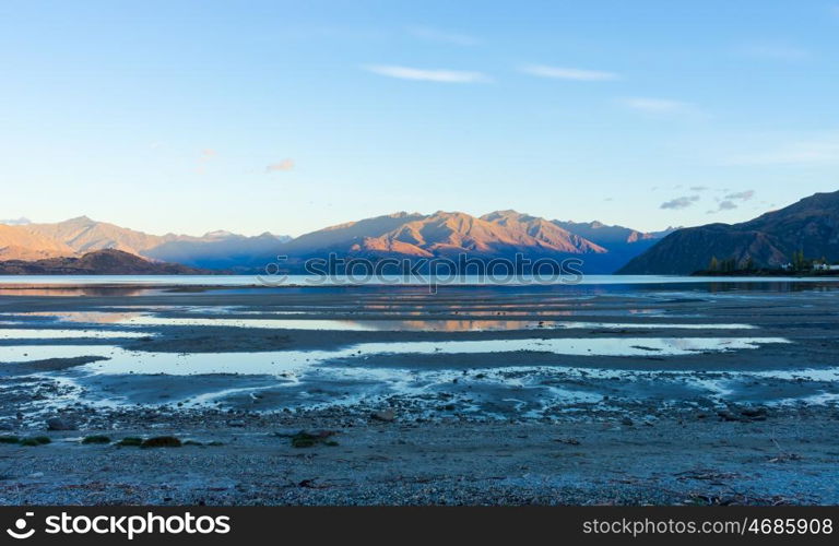 Picturesque landscape. Natural landscape of New Zealand alps and lake