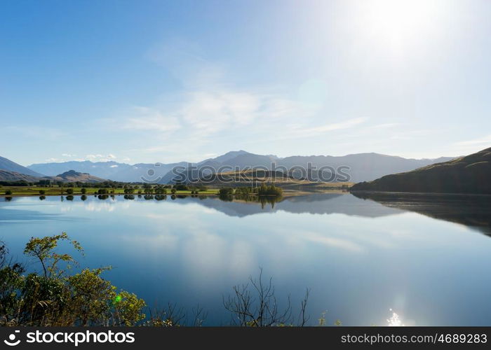 Picturesque landscape. Natural landscape of New Zealand alps and lake