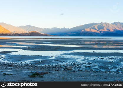 Picturesque landscape. Natural landscape of New Zealand alps and lake