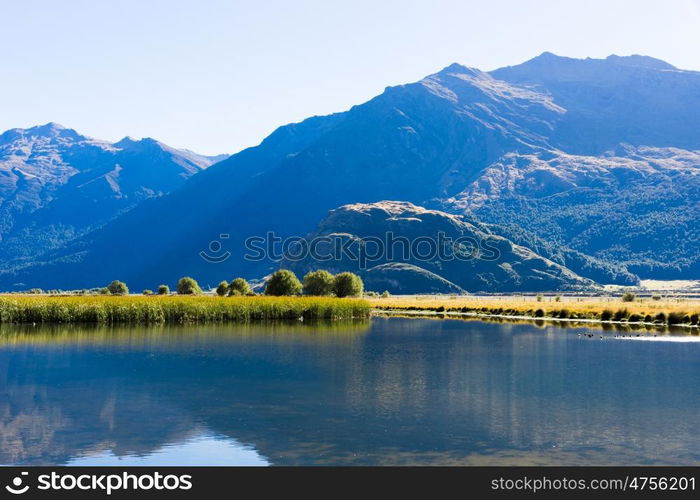 Picturesque landscape. Natural landscape of New Zealand alps and lake