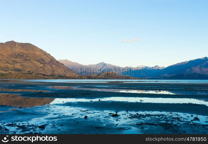 Picturesque landscape. Natural landscape of New Zealand alps and lake