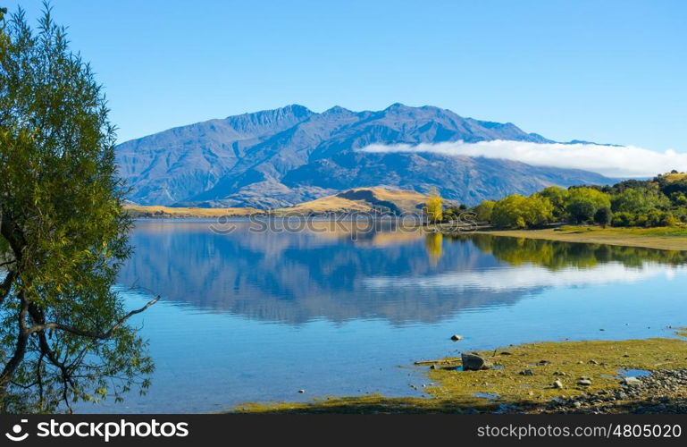 Picturesque landscape. Natural landscape of New Zealand alps and lake