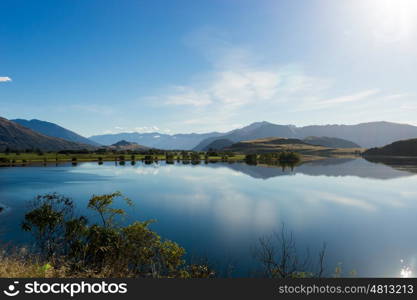 Picturesque landscape. Natural landscape of New Zealand alps and lake