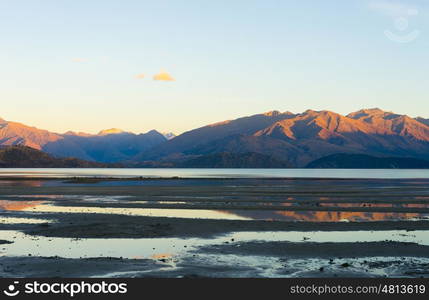 Picturesque landscape. Natural landscape of New Zealand alps and lake