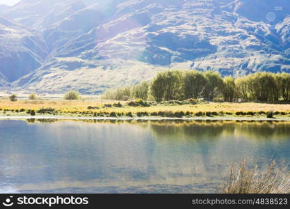 Picturesque landscape. Natural landscape of New Zealand alps and lake