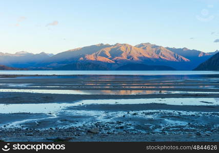 Picturesque landscape. Natural landscape of New Zealand alps and lake