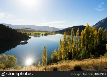 Picturesque landscape. Natural landscape of New Zealand alps and lake