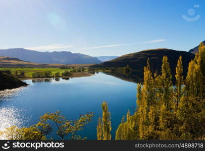 Picturesque landscape. Natural landscape of New Zealand alps and lake