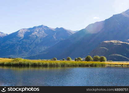 Picturesque landscape. Natural landscape of New Zealand alps and lake