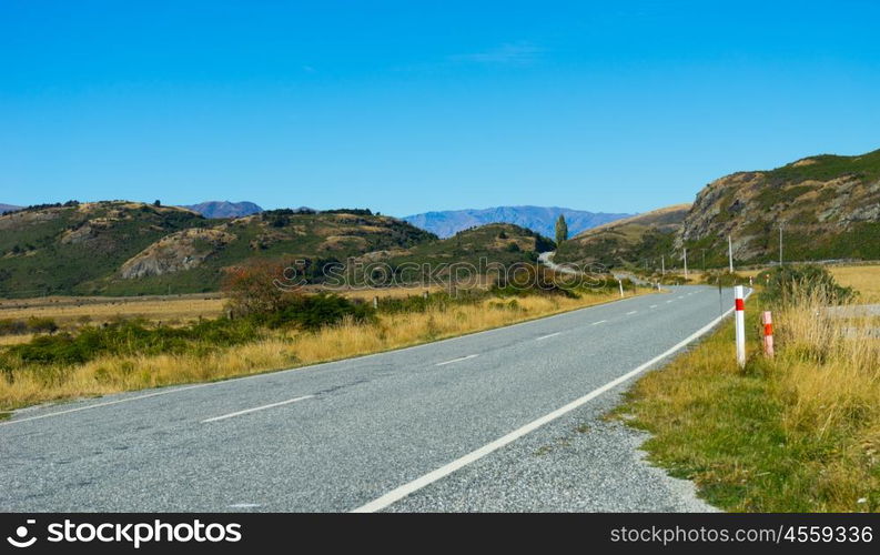 Picturesque landscape. Natural landscape of New Zealand alps and road