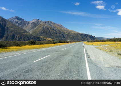 Picturesque landscape. Natural landscape of New Zealand alps and road