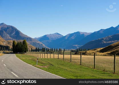 Picturesque landscape. Natural landscape of New Zealand alps and road