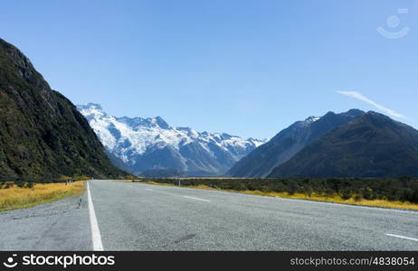 Picturesque landscape. Natural landscape of New Zealand alps and road