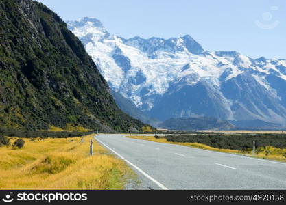 Picturesque landscape. Natural landscape of New Zealand alps and road