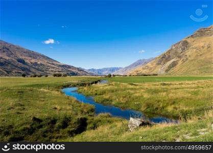 Picturesque landscape. Natural landscape of New Zealand alps and stream