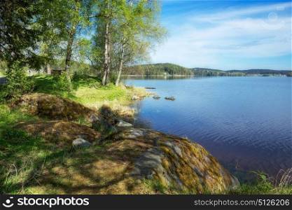 Picturesque landscape on the shore of a lake in Karelia