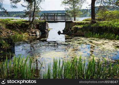 Picturesque landscape with a bridge in a park on the shore of a lake in Karelia. Scenic landscape with a bridge in a park on the shore of a lake