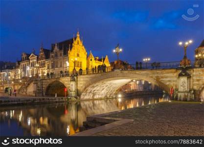 Picturesque medieval building and St. Michael&#39;s Bridge at sunset in Ghent, Belgium