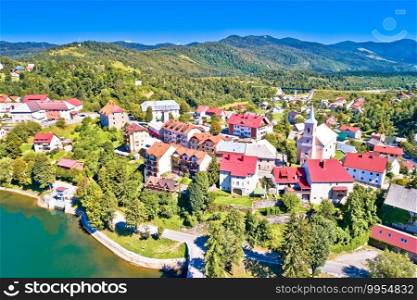 Picturesque mountain town of Fuzine on Bajer lake aerial view, Gorski Kotar region of Croatia