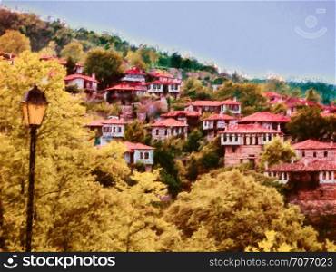 Picturesque mountain village in Greece. Picturesque mountain village in Greece - painting effect