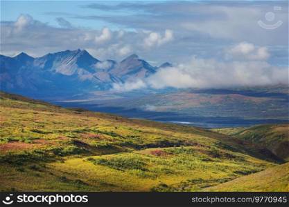 Picturesque Mountains of Alaska in autumn. Snow covered massifs, glaciers and rocky peaks, orange trees. Beautiful natural background.