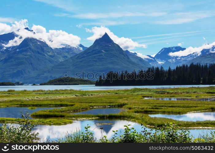 Picturesque Mountains of Alaska in summer. Snow covered massifs, glaciers and rocky peaks.