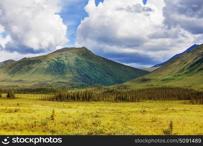 Picturesque Mountains of Alaska in summer. Snow covered massifs, glaciers and rocky peaks.