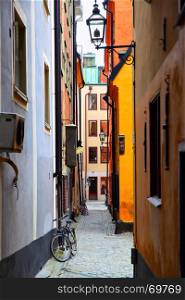 Picturesque old side street in Stockholm, Gamla Stan, Sweden